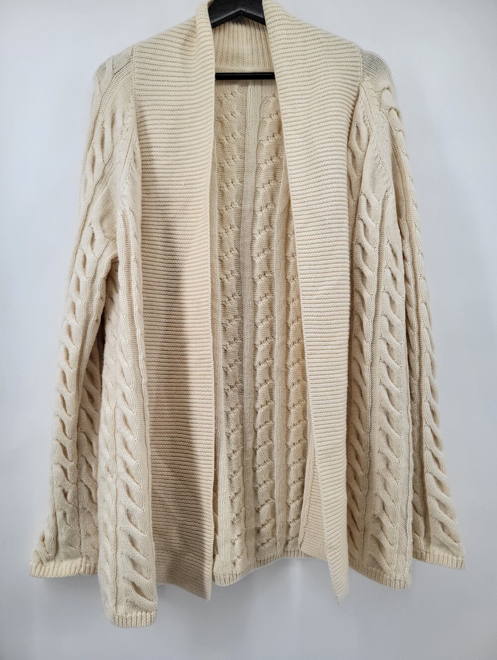 Wool Cream Cable Knit Open-Front Women's Sweater Cardigan Size Large